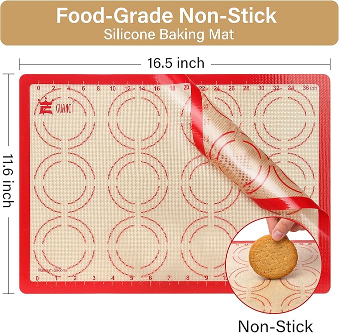 Silicone Baking Mat Set, GUANCI Grade Food Baking mats Non-Stick Reusable Pizza Bakeware Mat for Making Macaroon, Pizza, Cookie, Pastry, Bread, Brown (2PCS-RD)