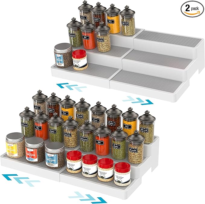 YAN & HIN Expandable Spice Rack Organizer for Cabinet (2 Pack), 3-Tier Tiered Spice Shelf Organizer with Non-Skid Surface, Spice Riser, Adjustable Pantry Organizer for Spices, Cans & Medicine Cabinet