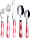 ANNOVA Stainless Steel Colorful Tableware Kitchen Flatware Set Utensils, Includes Dinner Knives, Forks, Spoons, Salad Forks & Dessert Spoons, Modern Rounded Shape (Red Checkered, 20 Pieces)