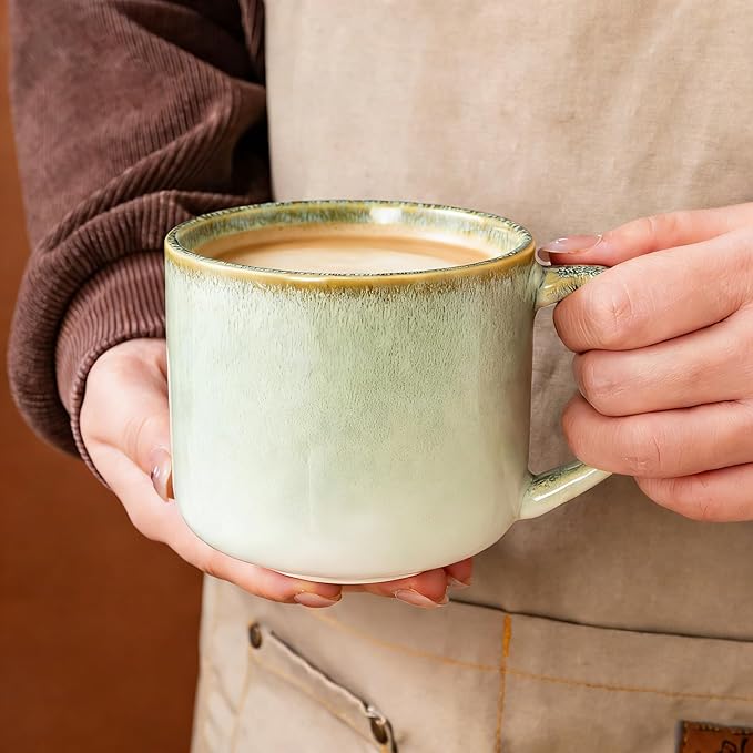 12 oz Ceramic Coffee Mugs Set of 4, Large Coffee Cups with Handles for Coffee, Tea, Cappuccino, Latte, Cocoa, Cereal, Mug Set Gift for Wedding, Microwave and Dishwasher Safe(Reactive Glaze Green)