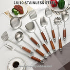 Stainless Steel Kitchen Utensils Set with Wood Handle, 18/10 Metal Cooking Utensils Set, 10 Piece - Spatula, Spoon, Ladle, Skimmer, Slotted Turners, Pasta,Turner, Ladl, Fork