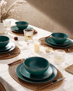 Famiware Venus 12-Piece Plates and Bowls Sets for 4, Stoneware Dinnerware Set with Trim, Modern Minimalist Dishes for Everyday & Formal Use, Chip Resistant, Microwave/Dishwasher Safe, Matte Dark Green