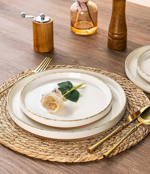 AmorArc Ceramic Dinnerware Sets for 4, 12 Pieces Handpainted Plates and Bowls Set with Rustic Terracotta Underside, Scratch Resistant Stoneware Dishes Set, Dishwasher & Microwave Safe