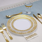 FOCUSLINE 350 Ct Gold Dinnerware Set for 50 Guests, Gold Lace Plastic Plates Disposable Heavy Duty, Including 50 Dinner & Dessert Plates, Cups, Napkins, Cutlery Set