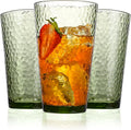 Amyoole Drinking Glasses Set of 8,16oz Green Highball Water Glasses,Stackable Lead-Free Hammered Glass Cups,Kitchen Drinkware Glassware for Cocktail,Beer,Juice,Iced Tea,Margaritas and Mixed Drinks