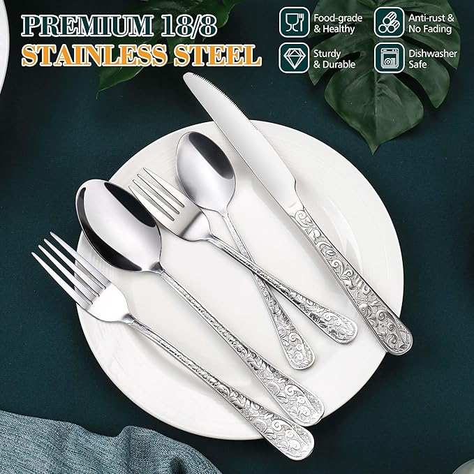 Silverware Set, 30 Pieces Vintage Carved Flatware Set for 6, Stainless Steel Cutlery Set with Knife/Fork/Spoon,Utensil Set for Home and Kitchen, Dishwasher Safe
