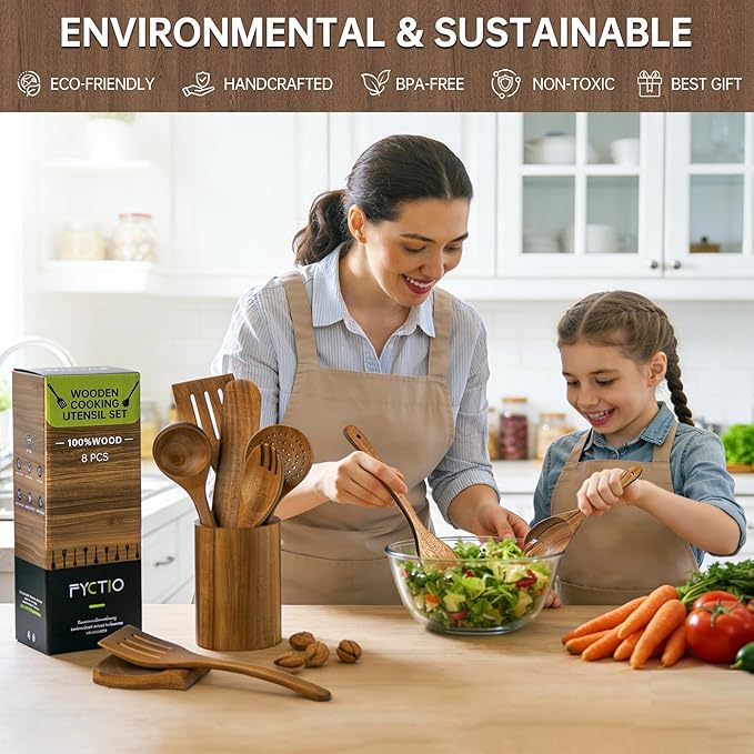 8 PCS Wooden Utensil Set with Holder, Spoon Rest, Durable Wooden Spoons for Cooking, Heat-Resistant, Comfort Grip,Easy to Clean, Non-stick Friendly, Ideal for Gifting