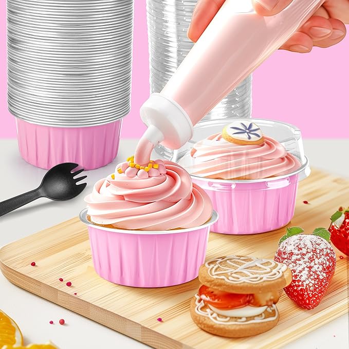 Mini Cake Pans 50 Packs with Lids and Spoons,Rectangle Aluminum Foil Loaf Baking Pans Tins Containers,Cupcake Containers Wrappers Cheesecake Creme Brulee Ramekins-6.8 Oz (Pink Round, 50 Packs)