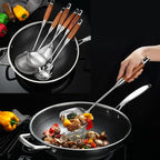 Stainless Steel Kitchen Utensils 12.5"-14" Wooden Handle Metal Cooking Utensils Set 9 PCS, Solid and Slotted Spoon, Fork, Spatula, Ladle, Skimmer, Slotted Tunner, Spaghetti Large Spoon