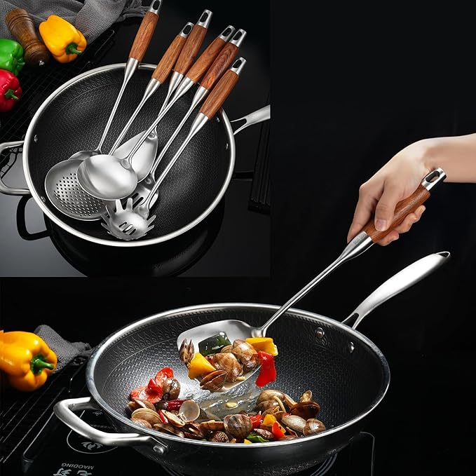 Stainless Steel Kitchen Utensils Set with Wooden Handle for Cooking 9 PCS with Solid and Slotted Spoon, Fork, Spatula, Ladle, Skimmer, Slotted Tunner, Spaghetti and Large Spoon