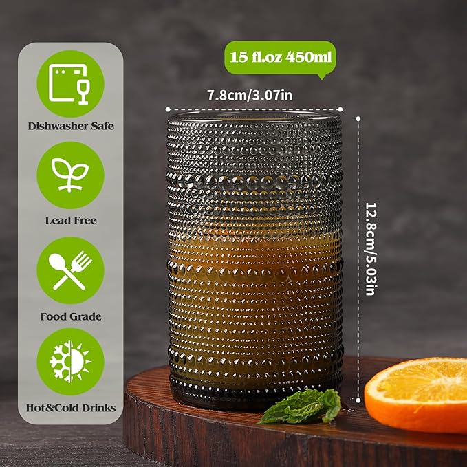 Moretoes Large Hobnail Drinking Glass Set of 12,15oz Gray Vintage Glassware,Embossed Glass Cups,Water Tumbler,Highball Glasses For Beer, Juice And Various Mixed Drinks