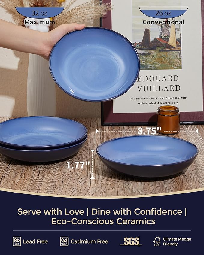 Pokini Ceramic Pasta Bowl Set of 4, 32 Oz Large Salad Bowls for Serving, Microwave & Dishwasher Safe Soup Bowls for Kitchen, Light Blue Stoneware Bowl Set