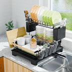 2 Tier Dish Drying Rack, Drying Rack with Automatic Drainboard, Dish Racks for Kitchen Counter, Rustproof Dish Drainer with Removable Utensil Holder, Cups Holder, Black