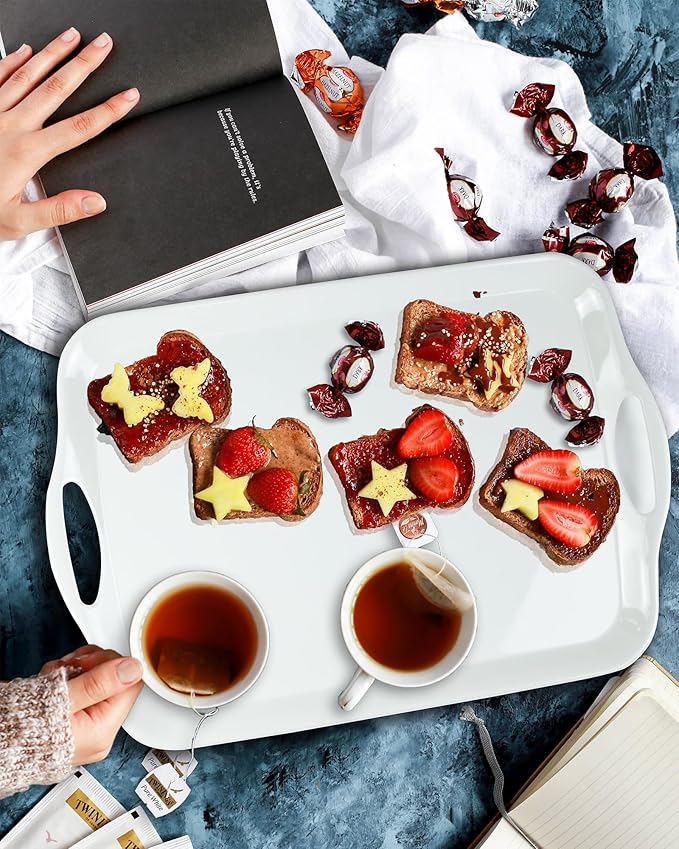 Czlizdyt Large Melamine Serving Tray with Handles, 17.5 x 12 in Rectangular Melamine Serving Platter, Dishwasher Safe Trays for Eating, Appetizer, Charcuterie, Snack, Fruit, Desserts, Set of 2, White