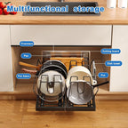 Pots and Pans Organizer Under Cabinet, 21.6" Deep Pull Out Pot Lid Organizer Holder with Guardrail Adhesive Pot and Pan Holder Rack with 10 Adjustable Dividers-1 Pack(Black)