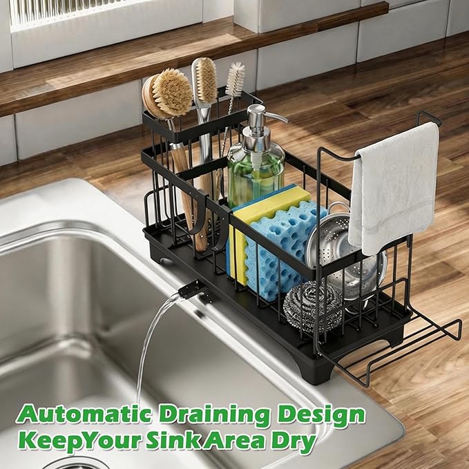 Sponge Holder for Kitchen Sink, Kitchen Sink Caddy Organizer with Detachable Cloth & Brush Holder, Auto Draining Countertop Organizers & Storage Essentials Accessories with 360° Rotatable Spout(Black)