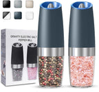 Gravity Electric Salt and Pepper Grinder set of 2, Automatic Salt And Pepper Grinder Set, Adjustable Roughness, Battery Powered, LED Light, 2 Pack, (Grey)