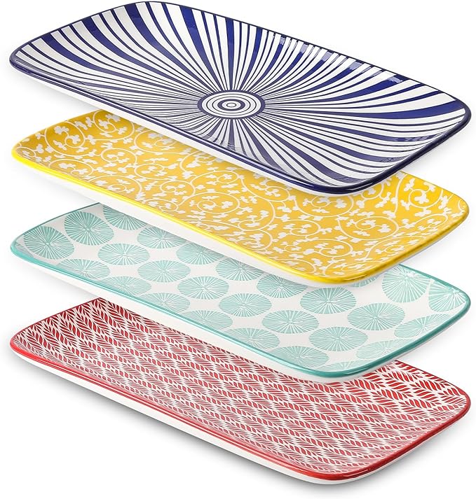 Selamica Ceramic Rectangular Serving Platters Set of 4, 12 Inch Serving Trays/Dishes for Party Entertaining, Rectangular Dinner Plates for Appetizer Salad Dessert Sushi, Assorted Colors