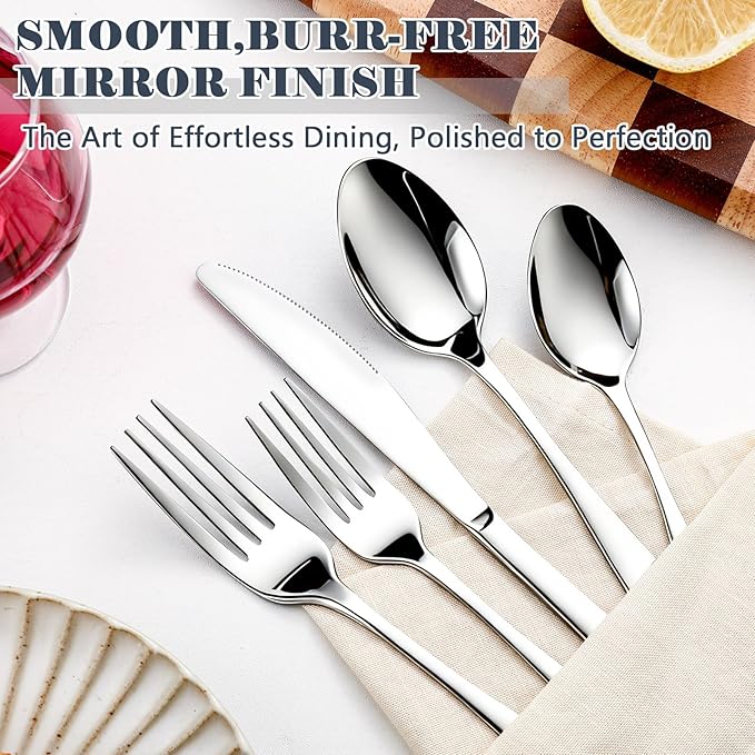 BEWOS 49-Piece Silverware Set with Organizer - Stainless Steel Silverware Set for 8 with Drawer Organizer, Dishwasher Safe Flatware Set for Home and Restaurant, Mirror Polished