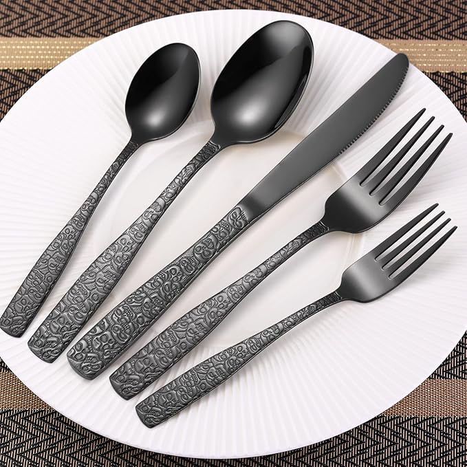 Skull Embossed Silverware Set for 8,OIULO 40-Piece Black Flatware set,Unique Gothic Pattern Design,Mirror Finished Fine Vintage Cutlery,Halloween Tableware Knives Fork Spoon Utensils Kitchen