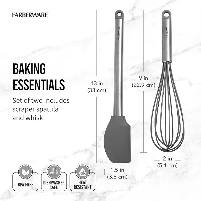 Farberware Professional 2 Piece Baking Set with Stainless Steel Wire Whisk and Stanless Steel Handle, Grey Silicone Head Spatulas For Beating, Blending, Mixing, and Scraping