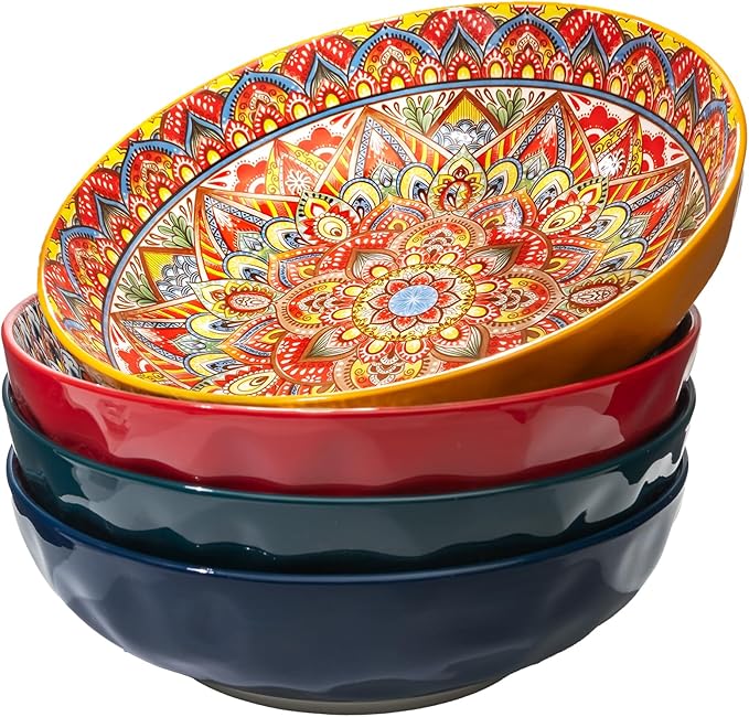 4 Pack Large Serving Bowls, 80 Oz Extra Large Salad Bowls Set of 4, Bohemian Decorative Bowls for Salad, Fruit, Pasta and Dinner, Serving Dishes Set for Party, Dishwasher & Microwave Safe, Mix-color