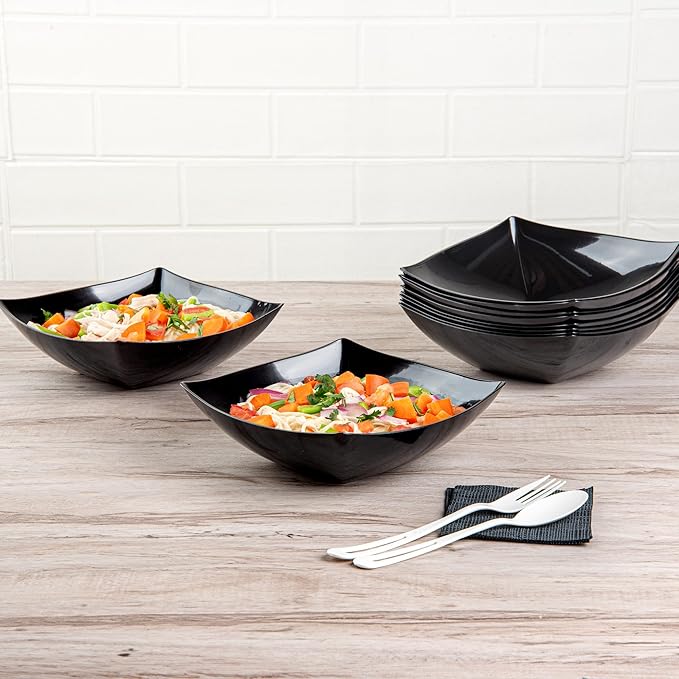 Restaurantware Moderna 32 Ounce Fancy Plastic Bowls 10 Square Disposable Salad Bowls - Durable Heavy-duty Black Plastic Bowls For Warm And Cold Foods