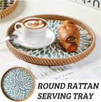 Round Rattan Tray with Mother of Pearl Inlay, Decorative Wicker Serving Tray with Wooden Base, Woven Basket Trays for Bread Fruits Coffee, Light Blue