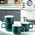 Miamolo Stackable Coffee Mugs Set of 4 with Holder Spoons 11oz Ceramic Cappuccino Cups for Espresso Latte Tea Drinks, Dishwasher & Microwave Safe, Green