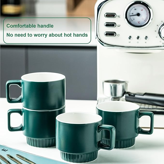 Miamolo Stackable Coffee Mugs Set of 4 with Holder Spoons 11oz Ceramic Cappuccino Cups for Espresso Latte Tea Drinks, Dishwasher & Microwave Safe, Green