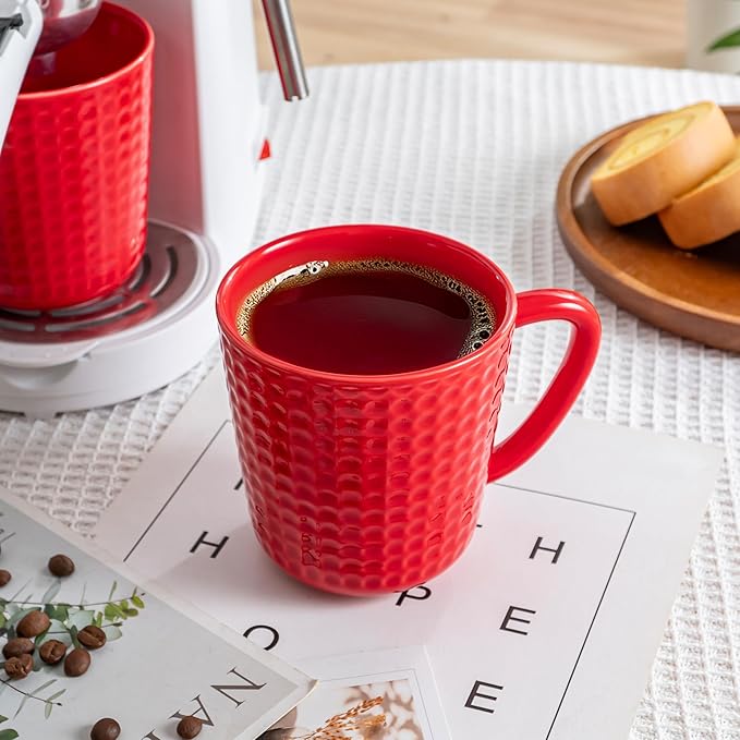Ceramic Coffee Mugs Set of 4, 14oz Red Coffee Cups with Embossed Grid Texture, Modern Minimalist Coffee Mug for Latte Cappuccino Tea Cocoa, Dishwasher & Microwave Safe, Ideal Housewarming Gift