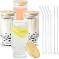 4 Pcs 16 oz Glasses Cups Set with Bamboo Lids Straws Brush Ribbed Vintage Aesthetic Glassware Set for Tea Iced Coffee Beer Cocktail Whiskey