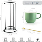 YHOSSEUN 11 Oz Coffee Mugs with Rack and Metal Spoon - Christmas Coffee Cups with Stand for Espresso, Latte, Cappuccino - Ceramic Tea Cup Demitasse Cups Set of 4 for Coffee Time, Green
