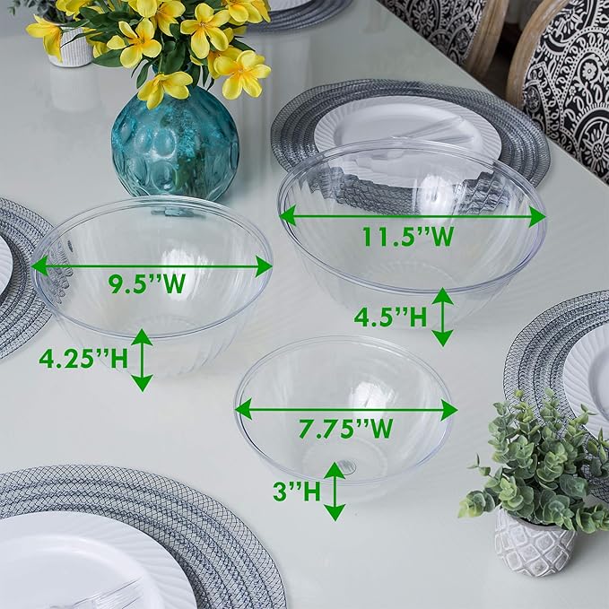 PLASTICPRO Disposable Combo Set of Salad Bowl Includes 4, 48 Ounce 4, 96 oz 4, 150 Ounce Round Crystal Clear Plastic Serving Bowl