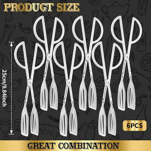 6PCS 9.8-Inch Stainless Steel Salad Tongs for Serving Heavy Duty Serving Tongs for Home Parties, Weddings, Buffets, Barbecues, Kitchen Utensils for Cake, Steak, Salad and More (6, Silver)
