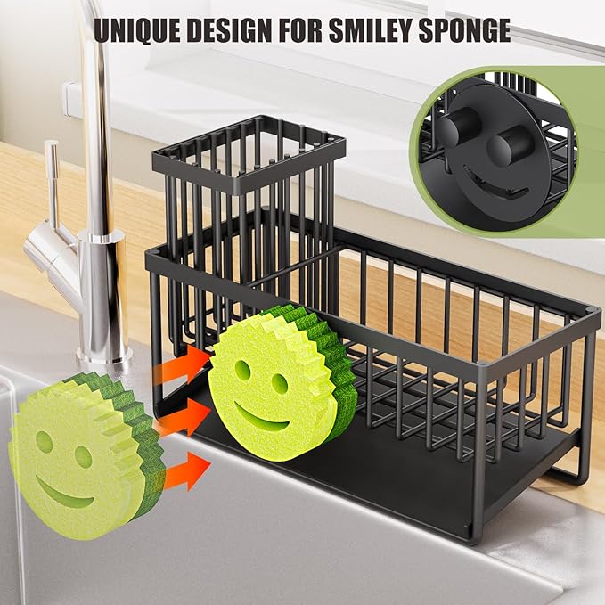 MURLONG Kitchen Sink Organizer,Sink Caddy Organizer with Removable Brush Holder,Self-Draining Countertop Organizers and Storage Essentials,Home Decor and Kitchen Gadgets-Black