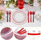 Ciaell 150 PCS Red Plastic Plates – Clear Hammered Disposable Plates with Red Rim include 50Plates, 25Forks, 25Knives, 25Spoons, 25Cups for Wedding & Party & Anniversary