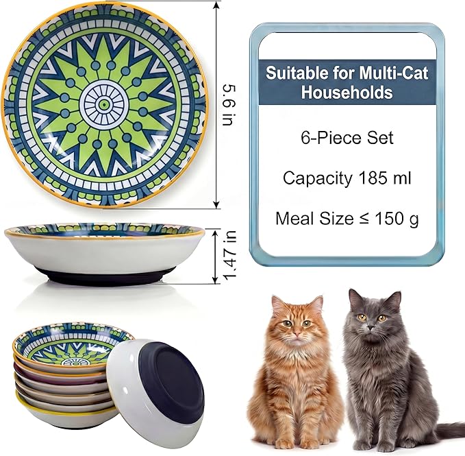 Ceramic Cat Food Bowls 6 Pack – Shallow Cat Bowl with Non-Slip Silicone Base, Whisker-Fatigue Dishes for Indoor Cats Puppy – Microwave Dishwasher Safe – 5.3 oz Cute Pet Plates for Wet Dry Food Water