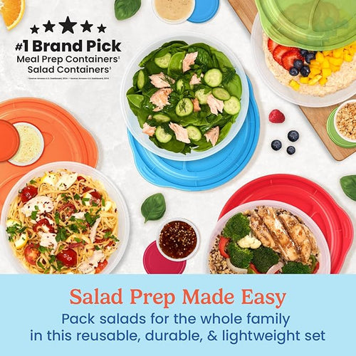 Bentgo Easyboxes Salad-to-Go Containers - 8-Piece Set: 4 Bowls, Leak-Proof Dressing Cups Built-In & 4 Fitted Lids Seal in Freshness; Reusable/BPA-Free for Salad, Pasta, & Cereal (Classic)