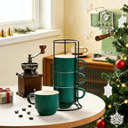 YHOSSEUN Stackable Coffee Mugs, Coffee Mug Set of 4 with Rack and Spoons, 11 oz Tea Cup Set for Espresso Drinks Cappuccino Latte, Coffee Cup Christmas Gift, Dark Green