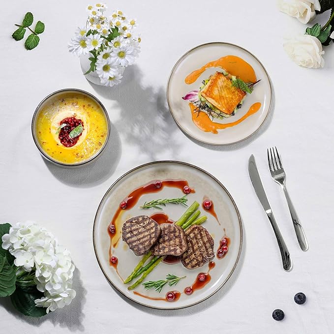 Herogo Stoneware Plates and Bowls Sets for 6, 18 Pieces Modern Round Dinnerware, Reactive Glaze Dishes Set for Kitchen, Chip Resistant, Microwave & Dishwasher Safe, Cream Khaki