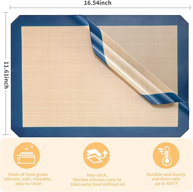 2-Pack Silicone Baking Mats – Non-Stick Reusable BPA-Free Oven Liners, 100% Food-Grade Silicone, Fit Half Sheet Pans (16.54" x 11.62") for Cookies, Pastry & More, Coffee with Deep Blue Edge