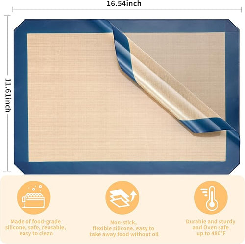 2-Pack Silicone Baking Mats – Non-Stick Reusable BPA-Free Oven Liners, 100% Food-Grade Silicone, Fit Half Sheet Pans (16.54" x 11.62") for Cookies, Pastry & More, Coffee with Deep Blue Edge