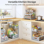 Under Sink Organizer, 2 Pack 2 Tier Pull Out Under Cabinet Organizer Shelf with Pad for Framed Cabinets, Metal Slide Out Under Sink Storage, Mesh Sliding Drawers for Kitchen Bathroom Laundry, Grey