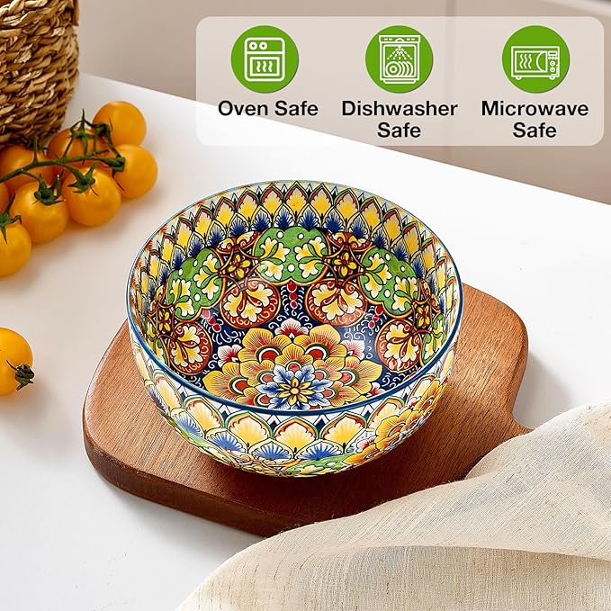 Meolibour Ceramic Cereal Bowls Set of 6, 28 oz Bohemian Soup Bowl, Colorful Bowls Set for Kitchen, Dessert Bowls for Salad, Pasta, Oatmeal, Ramen, Oatmeal, Fruit, Dishwasher & Microwave Safe