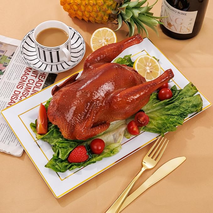 I00000 6 Pack Plastic Serving Trays, Gold Rim Disposable Serving Trays, Gold Disposable Serving Platter for Food Party Serving Platters and Plastic Trays 13.97x8.46 inches