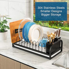 Black Dish Drying Rack Small for Kitchen Counter, 304 Stainless Steel Dish Rack w Tray & Cutlery Holder, Narrow Dish Drainer for Pots & Pans, Cutting Boards, Plates & Lids