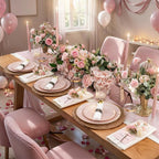 KIRE 350 PCS Pink Plastic Plates - Pink and Gold Disposable Dinnerware 50 Guest Include 50 Dinner Plate - 50Dessert Plate - 50Pre Rolled Napkins with Silverware for Mother's Day/Wedding/Baby Shower