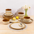 LeRatio Ceramic Dinnerware Sets for 4,12-Piece Plates and Bowls,Handmade Reactive Glaze Dishes Set,Chip Resistant and Scratch Resistant | Oven Dishwasher & Microwave Safe,Service for 4-Kahki