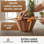 Extra Large Wooden Salad Bowl - Acacia 12” Multi-Purpose Wood Bowls - Decorative Bowls for Home Decor, Storage, Serving, Yarn - Durable Wavy Handmade Design - Wooden Fruit Bowl for Kitchen Counter